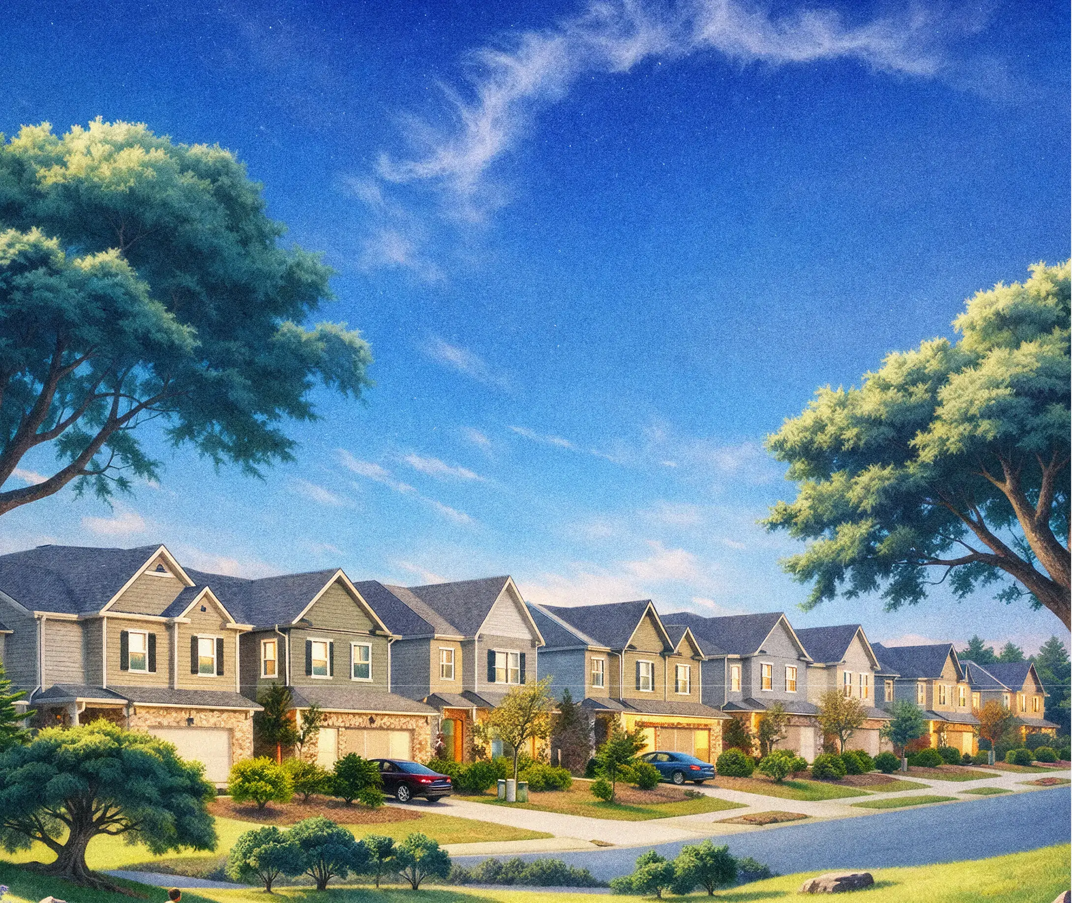 Suburban neighborhood at twilight under a deep blue starry sky